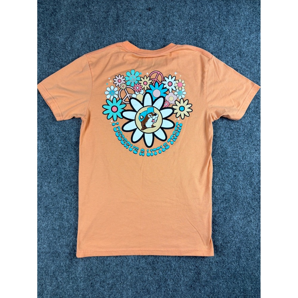 Buc-ee's I Deserve A Little Treat Graphic T-Shirt Peach Orange Small Daisy Peace